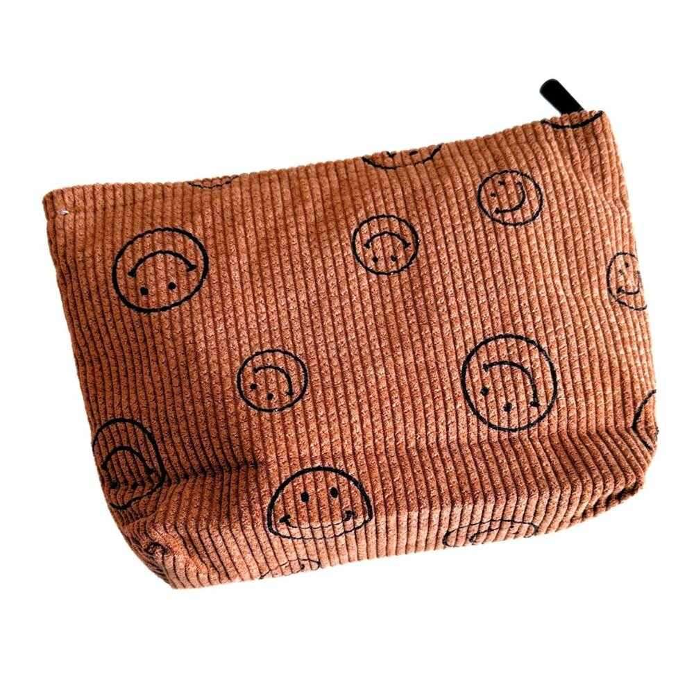 SMILEY Big Brown Corduroy Travel Beauty Makeup Case NWoT